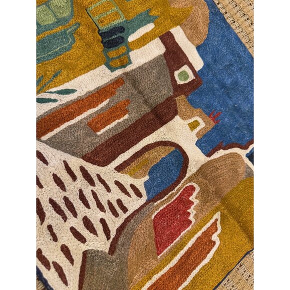 Handcrafted Chain Stitched Cotton Pillow Cover With Colorful Village Scene - Picture 6 of 6